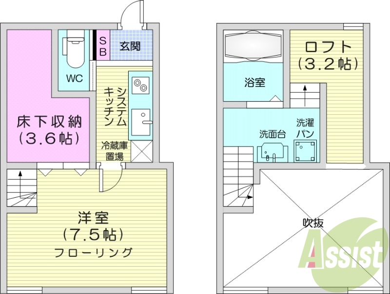 1K、バス・トイレ別。インターネット使用料無料。