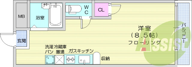 1R、バストイレ別、室内洗濯機置き場、エアコン
