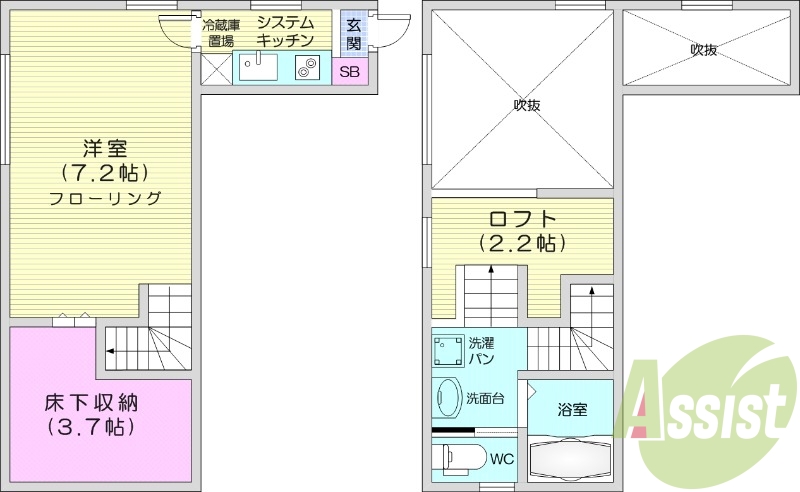 1K、バス・トイレ別。インターネット使用料無料。
