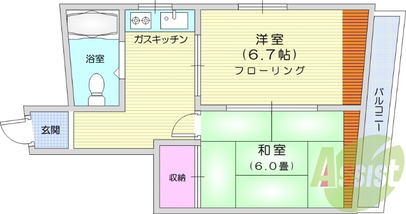 ２DK、全室フローリング、エアコン、独立洗面台、BT別