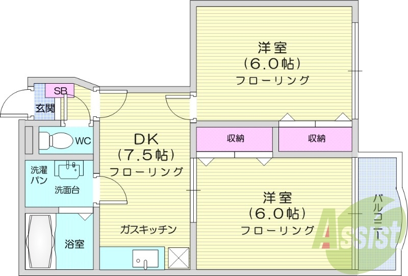 2DK、バストイレ別、室内洗濯機置場、エアコン