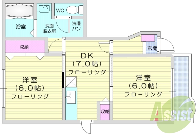 2DK、防犯カメラ、南向き、バルコニー　