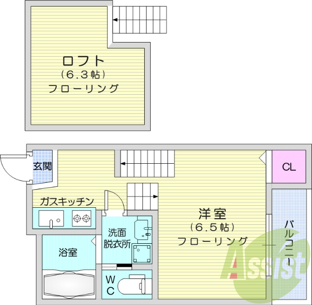 1K、システムキッチン、浴室乾燥機、ロフト