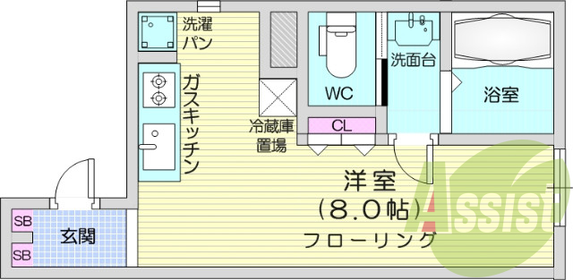1R、バストイレ別、システムキッチン、追い炊き付き