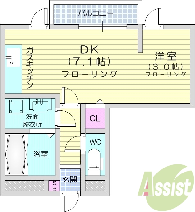 1R、エアコン、バストイレ別、洗面所独立、バルコニー