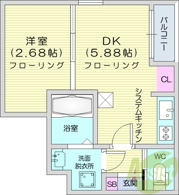 1DK、システムキッチン、インターネット無料