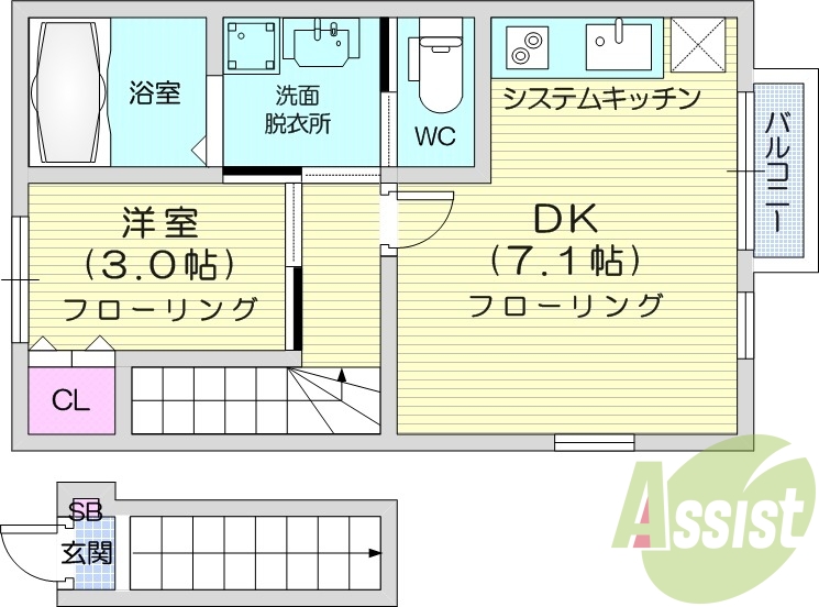 1DK、システムキッチン、モニター付きインターホン、エアコン