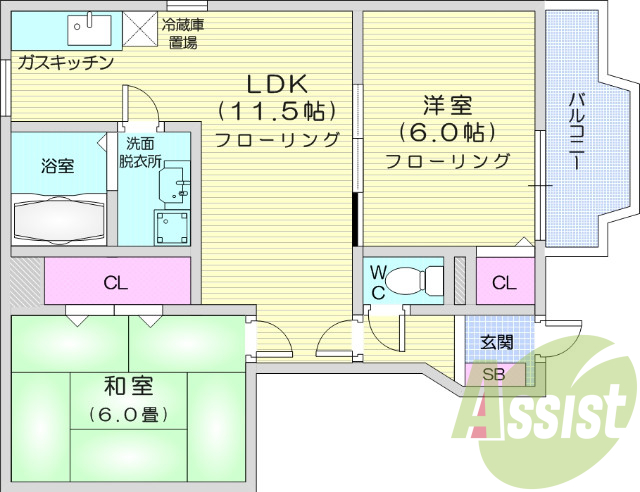 2LDK、追い焚き、B・T別、エアコン、温水洗浄