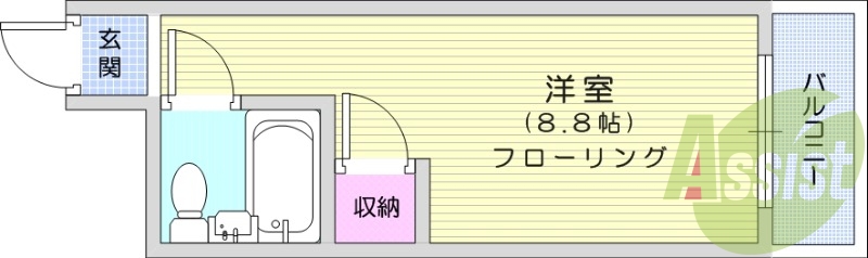 ワンルーム、家具家電付き、エアコン、オートロック、南向き