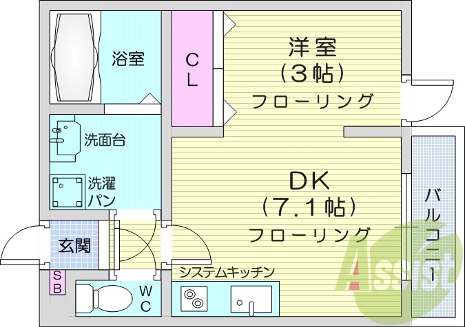 1R、フローリング、エアコン、バストイレ別、追い焚き機能