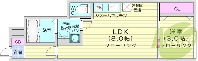 1LDK、フローリング、独立洗面台、IH２口