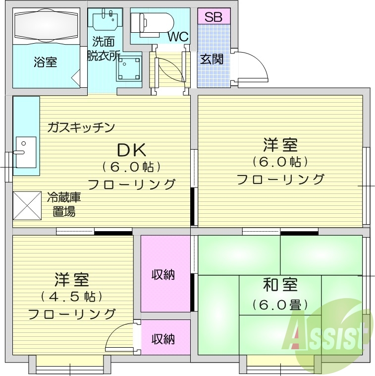 3DK、都市ガス、TV付インターホン、エアコン。