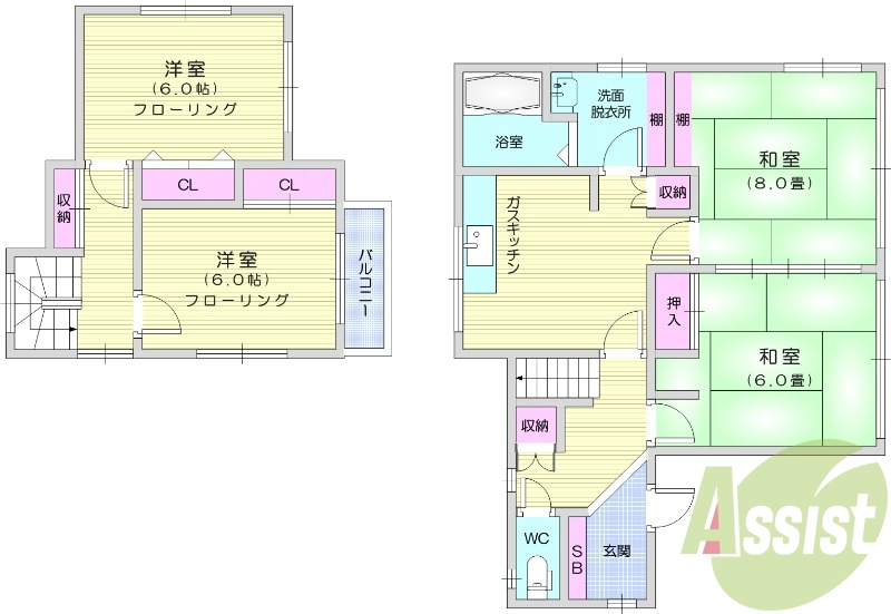 4DK　独立洗面台　プロパンガス　エアコン2台　南向き