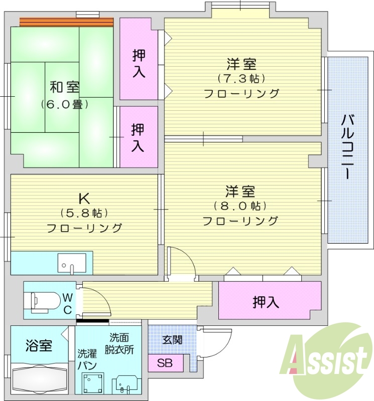 3K、独立洗面台、和室6帖、ペット相談。