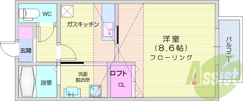 1K、追い焚き、温水洗浄便座、独立洗面台、バルコニー。