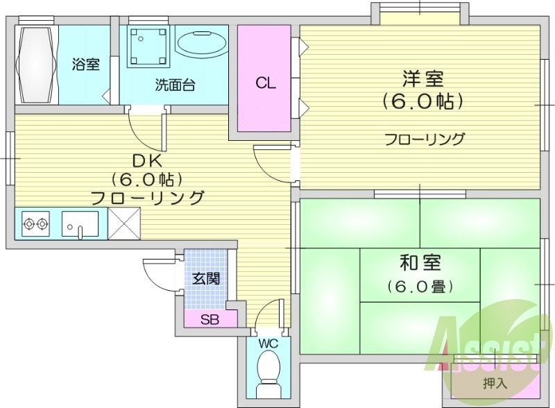 2DK、独立洗面台、BT別、エアコン、駐車場