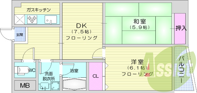 2DK、エアコン、ウォシュレット、モニターホン