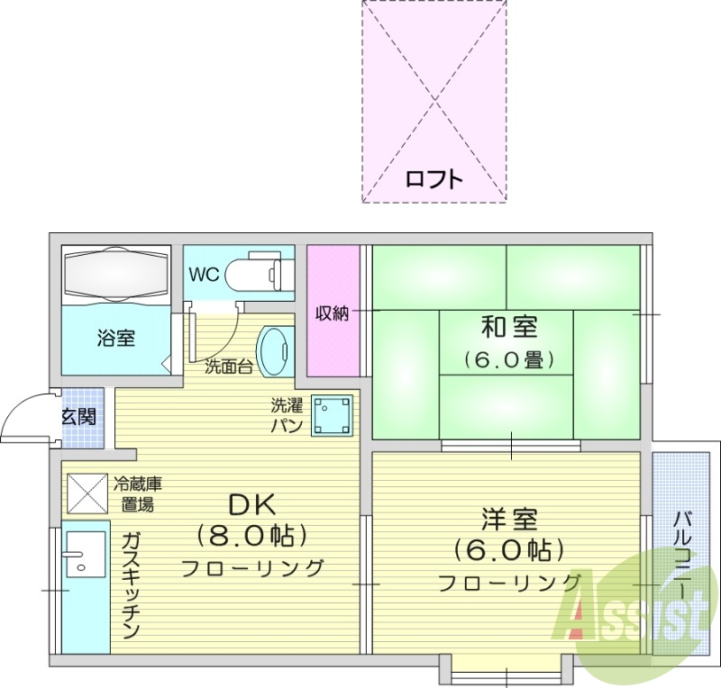 2DK、ロフト、エアコン、角部屋、バルコニー。