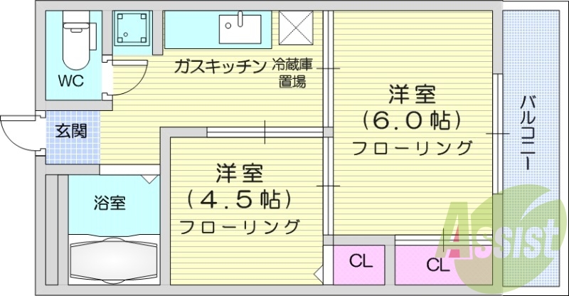 2K、エアコン、プロパンガス、バルコニー追い焚き