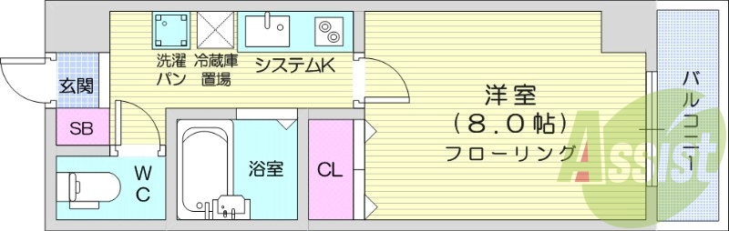 1K、温水洗浄便座、室内洗濯機置き場、システムキッチン