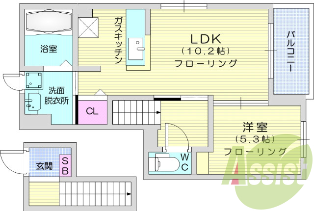 1LDK、バルコニー、オープンクローゼット、バストイレ別