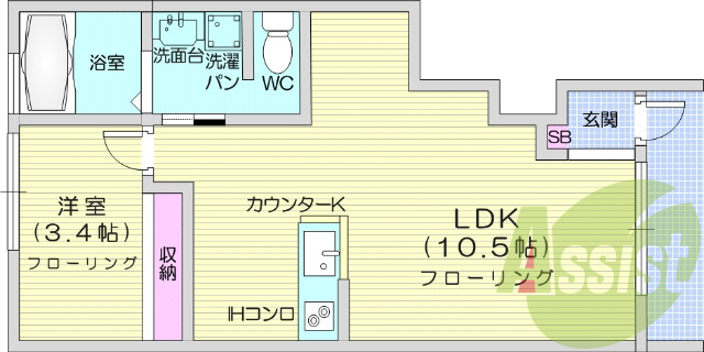 1LDK、南向き、バストイレ別、エアコン付き