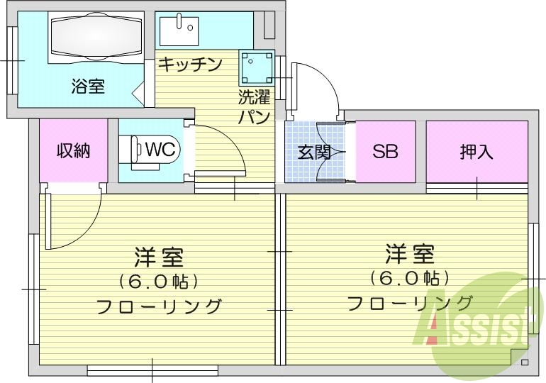 2K、シューズボックス、エアコン、全部室収納
