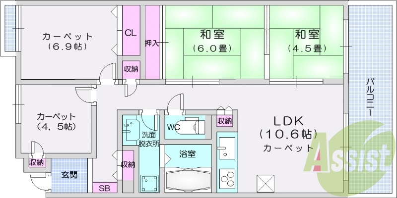 4LDK、バストイレ別、システムキッチン、都市ガス