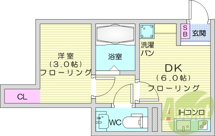 1DK、デザイン棚が設置された角部屋物件です。