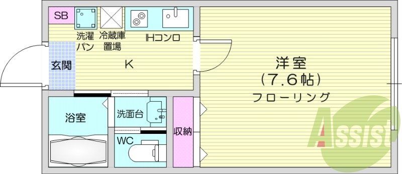 1K、IHキッチン、ネット無料、独立洗面台