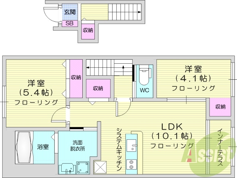 2LDK、インターネット使用料無料、独立洗面台