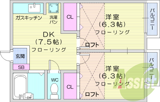 2DK、バストイレ別、室内洗濯機置場、エアコン