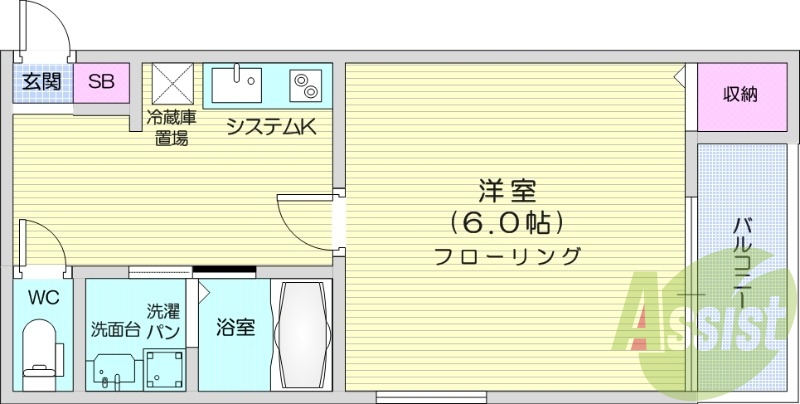 1K、オートロック、ネット使用料不要、独立洗面台、南向き