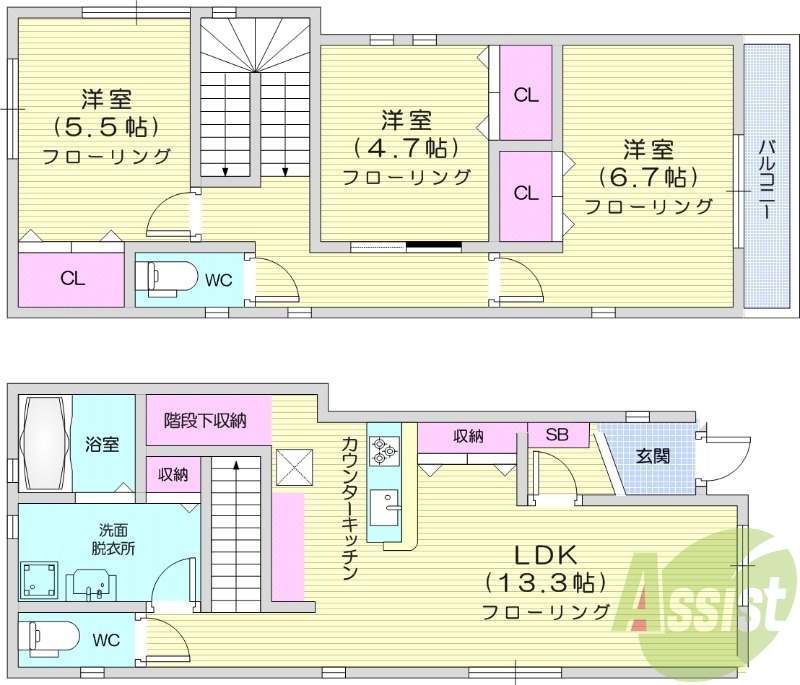 3LDK、全室エアコン、バルコニー、追い焚き機能。