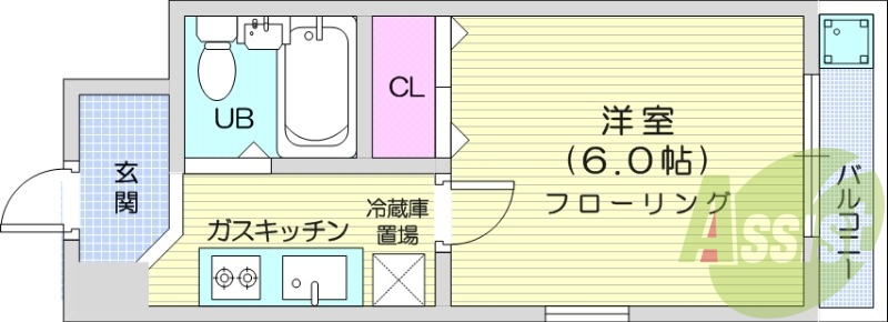 1K、インターネット無料、定額水道、敷地内ゴミ置き場。