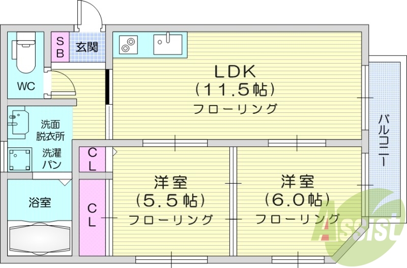 ２LDK、追い焚き、バストイレ別、エアコン、独立洗面台