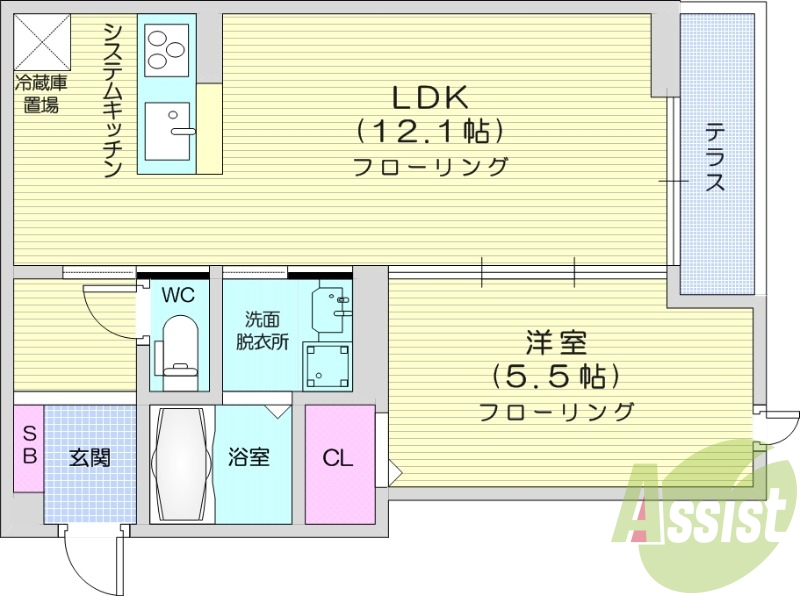 1LDK、室内物干し、対面キッチン、床下収納、追い焚き機能