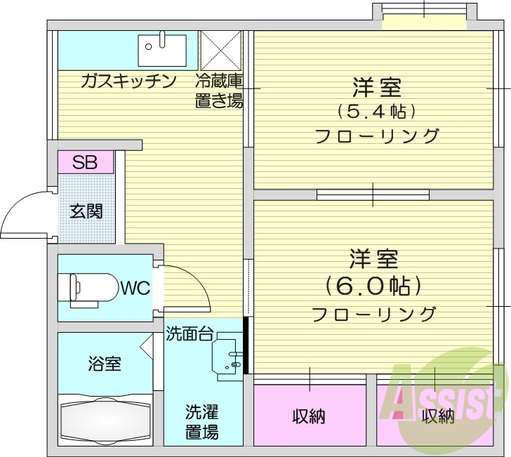 2DK、都市ガス、フローリング、温水洗浄便座。