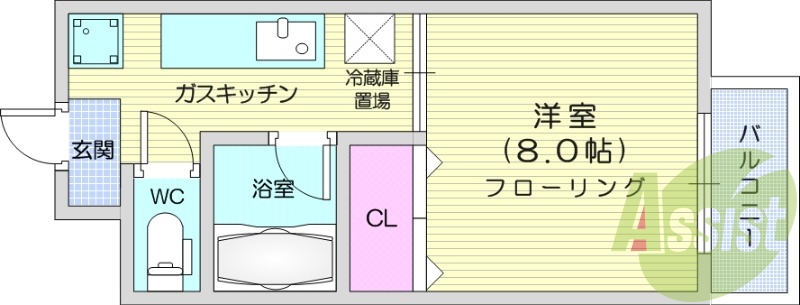 1K、エアコン、室内洗濯機置き場、温水洗浄便座、ネット無料
