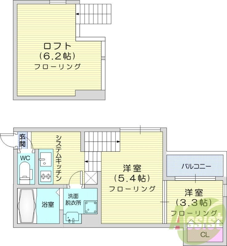 2*、浴室乾燥機、ネット無料、デザイナーズ、ロフト、東向き