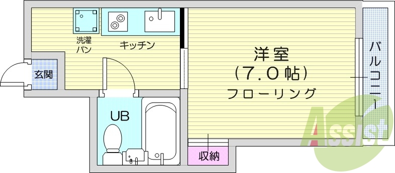 1K、エアコン、室内洗濯機置き場、収納、バルコニー