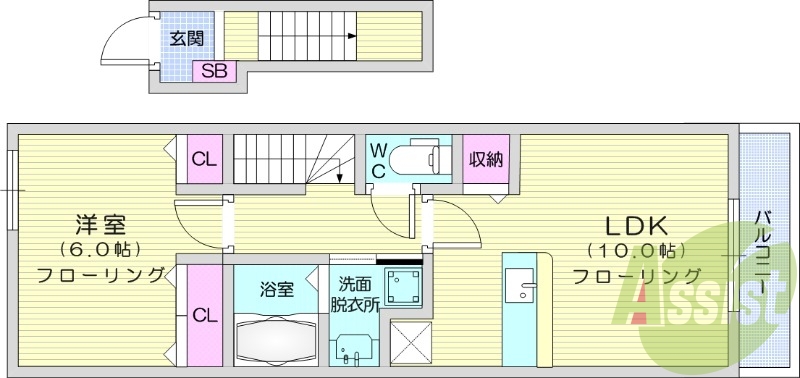 1LDK、浴室乾燥機、バストイレ別、カウンターキッチン