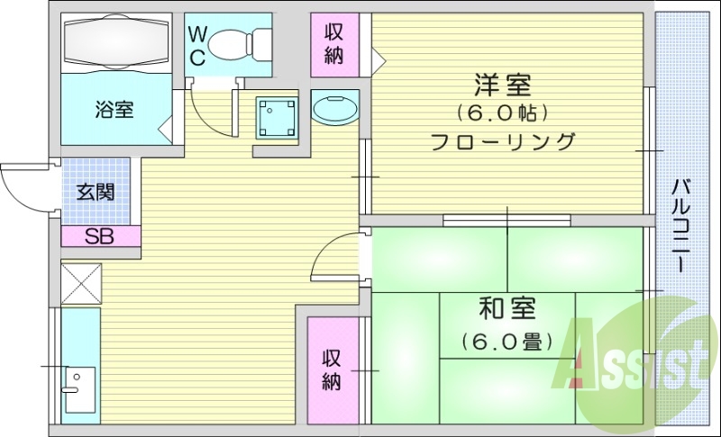 2DK、エアコン、都市ガス、シューズボックス