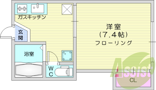 1K、バストイレ別、エアコン、ガスコンロ、給湯機