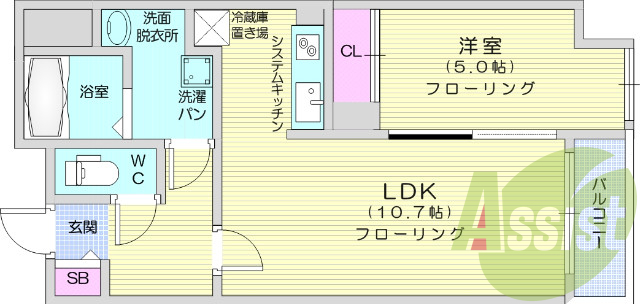 1LDK、エアコン、バストイレ別、モニター付きインターホン
