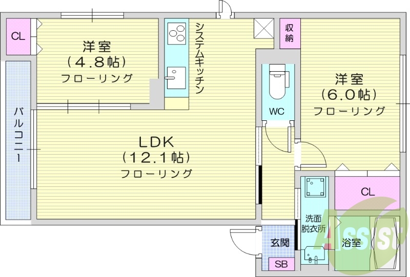 2LDK、エアコン、オートロック、浴室乾燥機