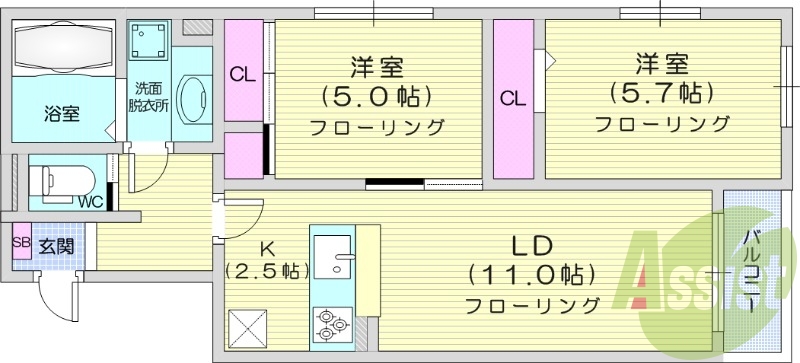 2LDK、エアコン、オートロック、浴室乾燥機