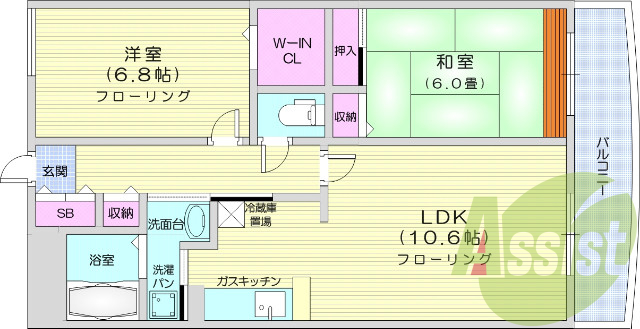 2LDK・エアコン、オートロック、バストイレ別、独立洗面台