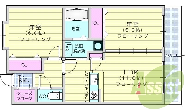 2LDK、カウンターキッチン、オールフローリング、給湯