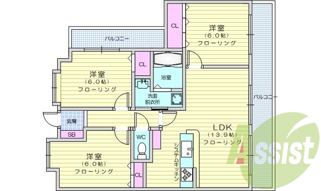 3LDK、カウンターキッチン、オートロック、浴室乾燥機